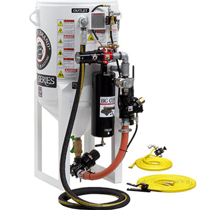 6.5 cu ft Stationary Pneumatic Blast Pot – Short-Cycle Pressure Release System with APV II (Tungsten Carbide Sleeve & Combination Valve), 1-1/2″ Piping with Big Gun Moisture Separator
