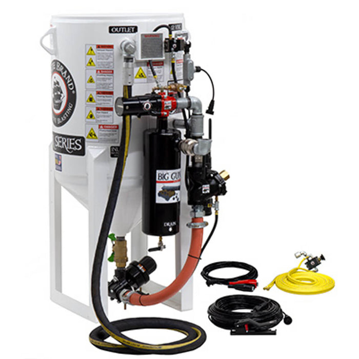 6.5 cu ft Stationary Electric 12VDC Sandblast Pot – Short-Cycle Pressure Release System with APV II (Tungsten Carbide Sleeve & Combination Valves), 1-1/2″ Piping with Big Gun Moisture Separator