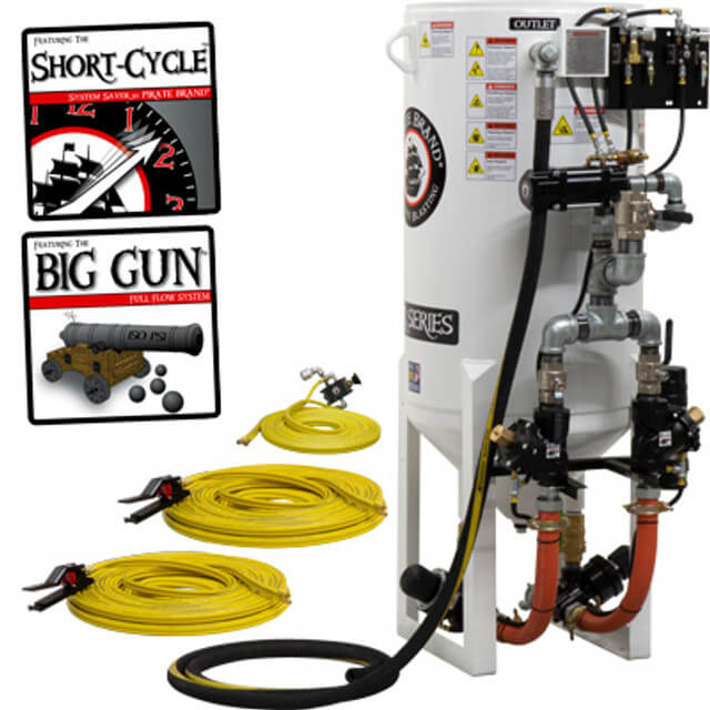 10.0 cu ft Stationary Pneumatic Blast Pot – 2 Outlets, Short Cycle with Pressure Release, APV II Valves & 1-1/2" Piping / 2" Inlet