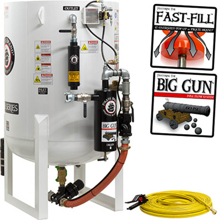 20.0 cu ft Stationary Pneumatic Blast Pot – Single Outlet Pressure Hold System with APV II Valve & Tungsten Carbide Sleeve, 1-1/2″ Piping w/ Big Gun Moisture Separator