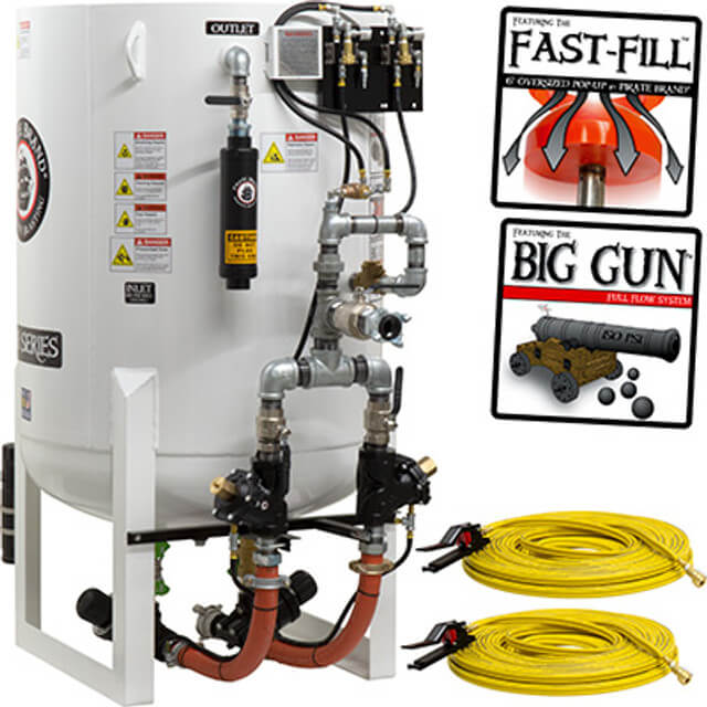 20.0 cu ft Stationary Pneumatic Blast Pot – 2-Outlet Pressure Hold System with APV II Valves, Tungsten Carbide Sleeves, Auto Air Valves & 1-1/2″ Piping / 2″ Inlet