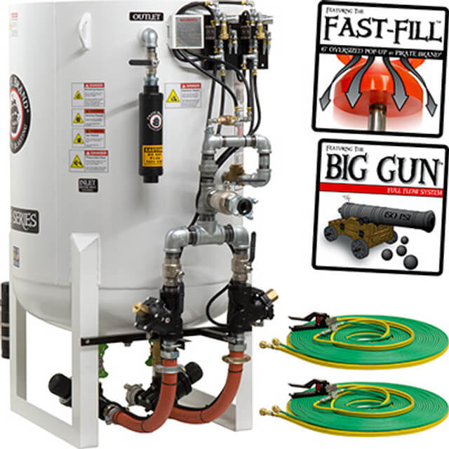 20.0 cu ft Stationary Pneumatic Blast Pot – Dual Outlet Pressure Hold System with Hose-Mounted Abrasive Cut-Off Feature, 65″ Overall Height