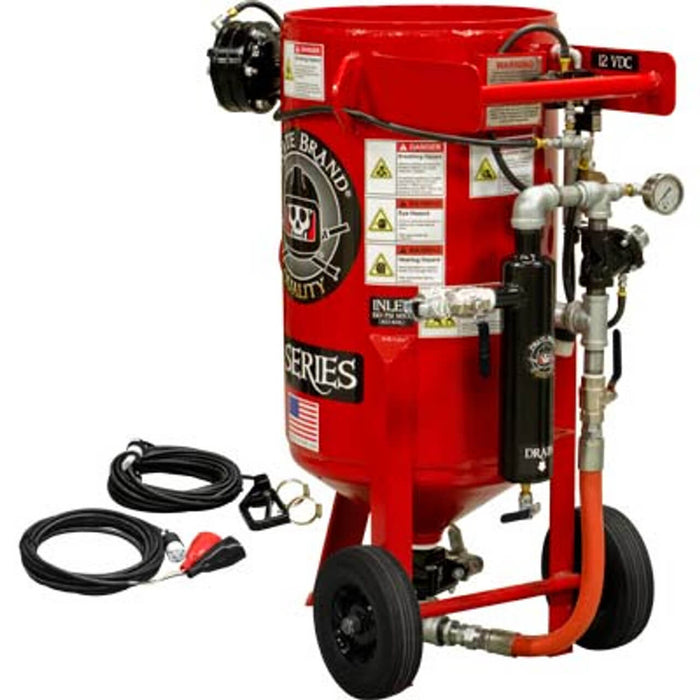 Portable 3.5 cu ft E-Series Electric 12 VDC Sandblast Pot – Manual Pinch Valve with X-TREME DUTY™ Metering Tube, 1" Piping with Moisture Separator