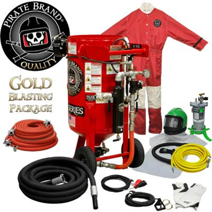 Portable 3.5 cu ft E-Series 12 VDC Electric Blast Pot – Manual Pinch Valve with X-TREME DUTY™ Metering Tube, 1" Piping with Moisture Separator, Gold Sandblasting Package