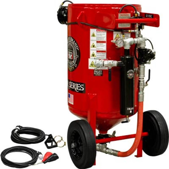 Portable 6.5 cu ft E-Series Electric 12VDC Blast Pot – Manual Pinch Valve with X-TREME DUTY™ Metering Tube, 1-1/4" Piping with Moisture Separator & 55' Electric D-Handle Control, Pressure Release System