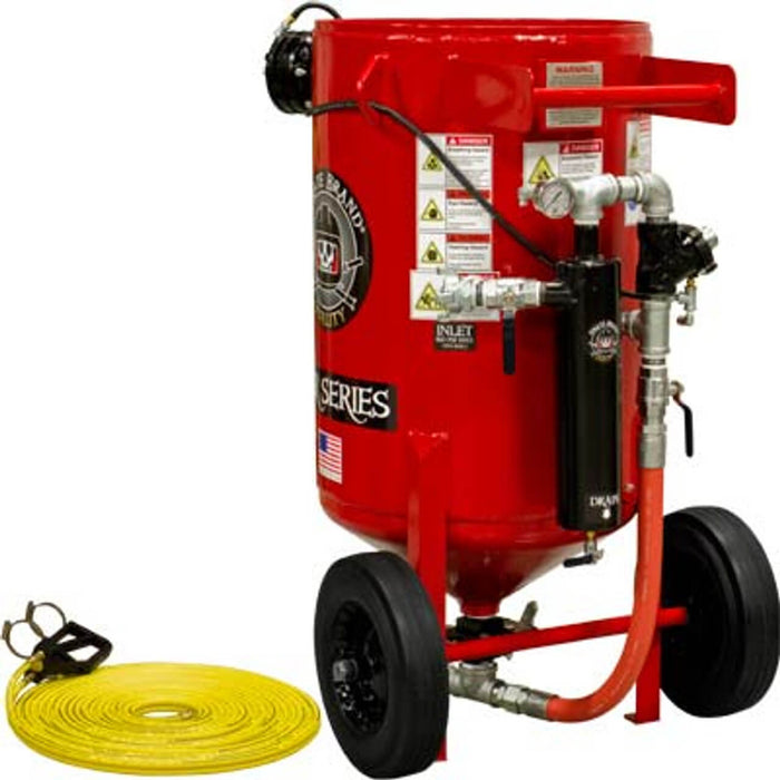 Portable 6.5 cu ft E-Series Pneumatic Sandblast Pot – Manual Pinch Valve with X-TREME DUTY™ Metering Tube, 1-1/4" Piping with Moisture Separator & 55' Twin-Line Hose Assembly (Pressure Release System)
