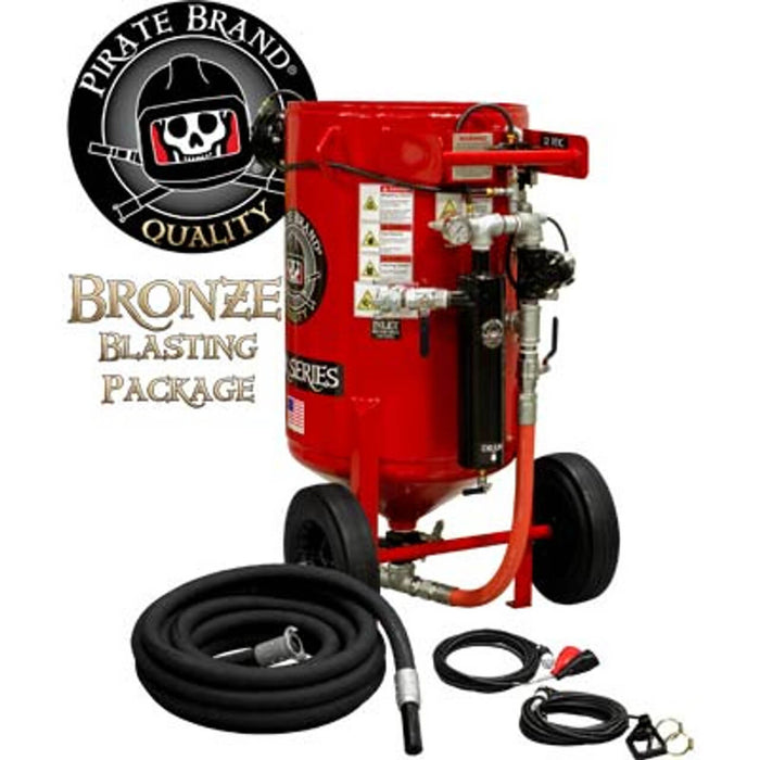 Portable 6.5 cu ft E-Series Electric 12 VDC Blast Pot – Manual Pinch Valve with X-TREME DUTY™ Metering Tube, 1-1/4" Piping with Moisture Separator & 55' Electric D-Handle Control, Bronze Sandblasting Package