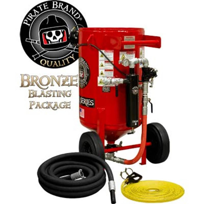 Portable 6.5 cu ft E-Series Pneumatic Sandblast Pot – Manual Pinch Valve with X-TREME DUTY™ Metering Tube, 1-1/4" Piping with Moisture Separator, 55' Twin-Line Hose & D-Handle Control, Bronze Sandblasting Package (221-103-B)