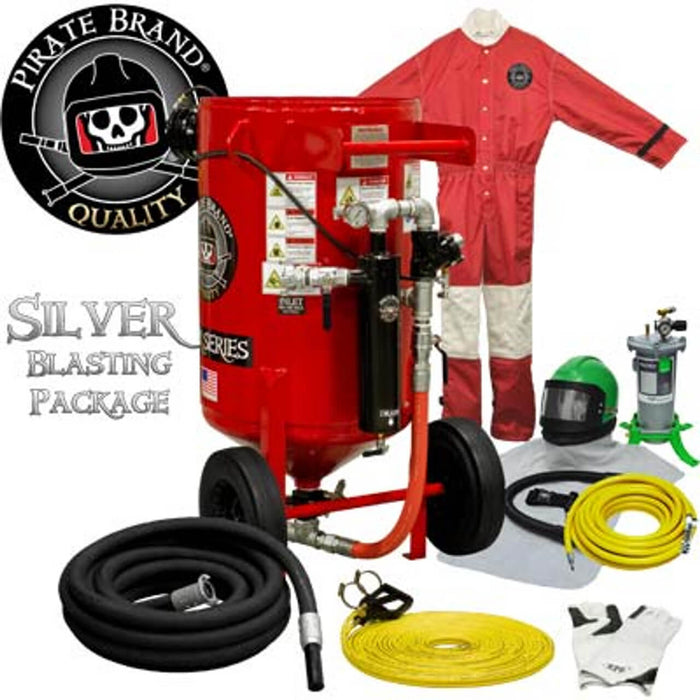 Portable 6.5 cu ft E-Series Pneumatic Sandblast Pot – Manual Pinch Valve with X-TREME DUTY™ Metering Tube, 1-1/4" Piping with Moisture Separator, 55' Twin-Line Hose & D-Handle Control, Silver Sandblasting Package