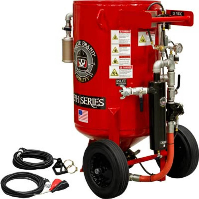 Portable 6.5 cu ft E-Series Electric 12VDC Blast Pot – Automatic Pinch Valve with X-TREME DUTY™ Metering Tube, 1-1/4" Piping with Moisture Separator & 55' Electric D-Handle Control, Pressure Hold System