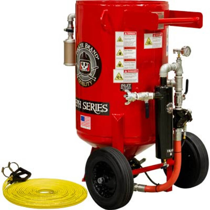 Portable 6.5 cu ft E-Series Pneumatic Blast Pot – Automatic Pinch Valve with X-TREME DUTY™ Metering Tube, 1-1/4" Piping with Moisture Separator & 55' Twin-Line Hose, Pressure Hold System