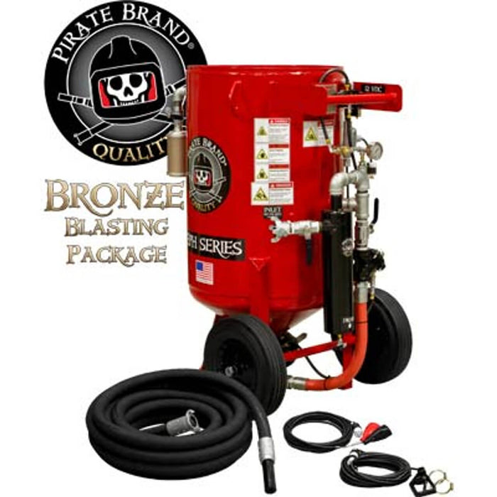 Portable 6.5 cu ft E-Series Electric 12VDC Blast Pot – Automatic Pinch Valve with X-TREME DUTY™ Metering Tube, 1-1/4" Piping with Moisture Separator & 55' Electric D-Handle Control, Bronze Sandblasting Package (Pressure Hold System)