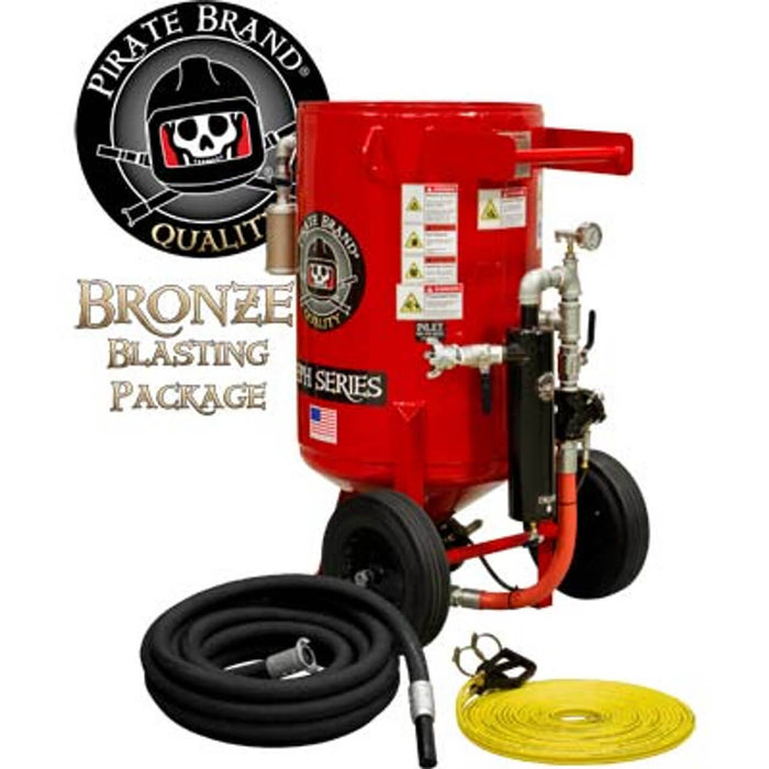 Portable 6.5 cu ft E-Series Pneumatic Blast Pot – Automatic Pinch Valve with X-TREME DUTY™ Metering Tube, 1-1/4" Piping with Moisture Separator, 55' Twin-Line Hose & D-Handle Control, Bronze Sandblasting Package