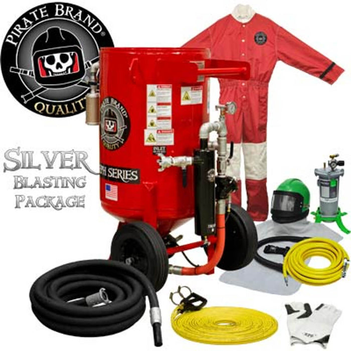 Portable 6.5 cu ft E-Series Pneumatic Blast Pot – Automatic Pinch Valve with X-TREME DUTY™ Metering Tube, 1-1/4" Piping with Moisture Separator, 55' Twin-Line Hose & D-Handle Control, Silver Sandblasting Package