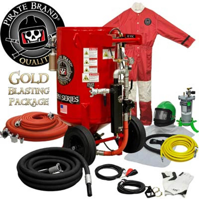 Portable 6.5 cu ft E-Series Electric 12 VDC Blast Pot – Automatic Pinch Valve with X-TREME DUTY™ Metering Tube, 1-1/4" Piping with Moisture Separator & 55' Electric D-Handle Control, Gold Sandblasting Package (Pressure Hold System)