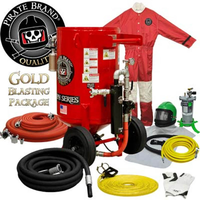 Portable 6.5 cu ft E-Series Pneumatic Blast Pot – Automatic Pinch Valve with X-TREME DUTY™ Metering Tube, 1-1/4" Piping with Moisture Separator & 55' Twin-Line Hose, Gold Sandblasting Package
