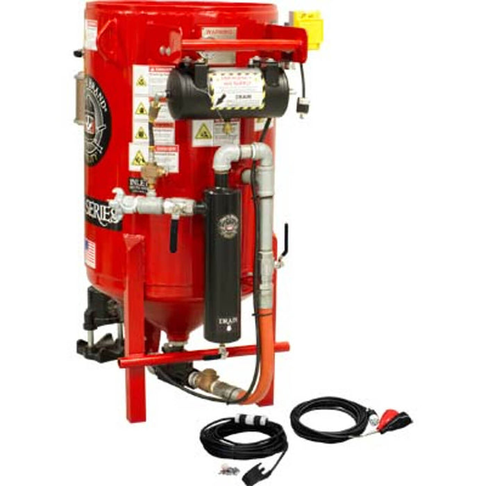 6.5 cu ft K-Series Stationary Sandblast Pot – Electric 12 VDC Pressure Hold System with #100 Metering Valve & #400 Pinch Valve, 1-1/4″ Piping with Moisture Separator