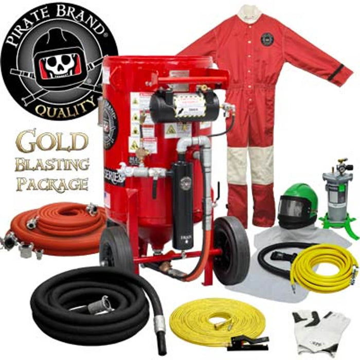 6.5 cu ft K-Series Portable Sandblast Pot – Pneumatic Pressure Hold System with MPV Metering Valve & #400 Pinch Valve, 1-1/4" Piping, Moisture Separator & 55' Twin-Line Remote Control – Gold Blasting Package