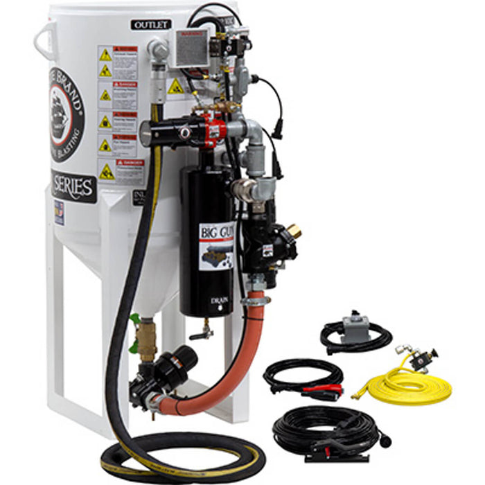 6.5 cu ft Stationary Electric 12VDC Blast Pot – Short-Cycle Pressure Release System with APV II (Tungsten Carbide Sleeve & Combination Valve), 1-1/2″ Piping with Big Gun Moisture Separator
