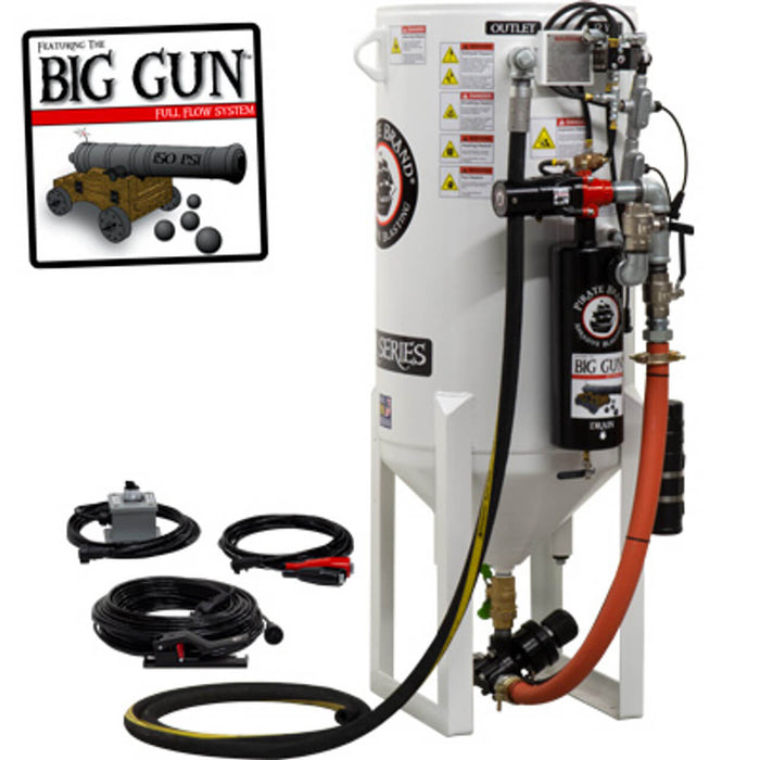 10.0 cu ft Stationary Electric Blast Pot – Single-Outlet Pressure Release System with Wall-Mounted Abrasive Cut-Off, 1-1/2" Piping & Big Gun Moisture Separator