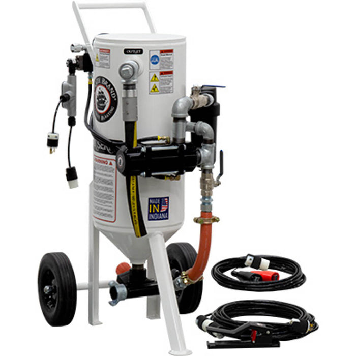1.5 cu ft Portable Sandblast Pot – Electric 12 VDC Pressure Release System with MPV & Combination Valves, 1″ Piping with Moisture Separator, 55′ Control Cord & 25′ Power Cord