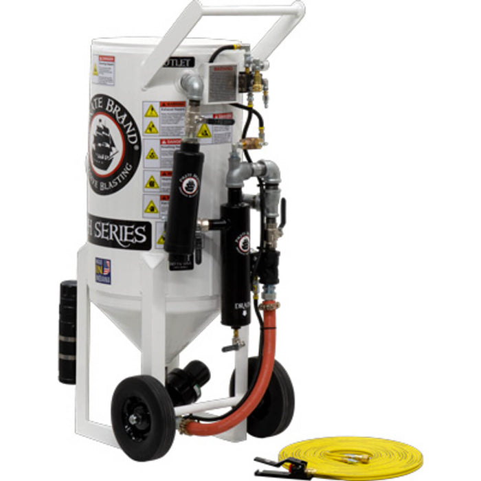 3.5 cu ft Portable Pneumatic Sandblast Pot – Pressure Hold System with APV II Tungsten Carbide Sleeve & Auto Air Valve, 1″ Piping with Moisture Separator, 55′ Twin-Line Control Hose & Handle #2 (150 PSI / 10.3 BAR Rated)
