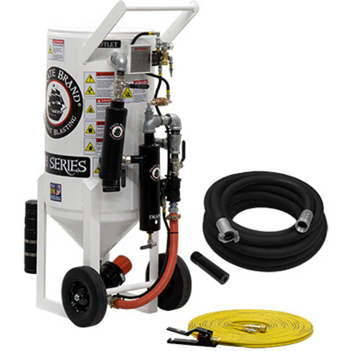 3.5 cu ft Portable Pneumatic Sandblast Pot – Bronze Sandblasting Package, Pressure Hold System with APV Urethane Sleeve & Auto Air Valve, 1″ Piping with Moisture Separator & 55′ Twin-Line Control Hose