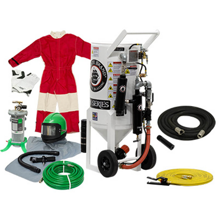 3.5 cu ft Portable Pneumatic Sandblast Pot – Silver Sandblasting Package, Pressure Hold System with APV Urethane Sleeve & Auto Air Valve, 1″ Piping with Moisture Separator & 55′ Twin-Line Control Hose