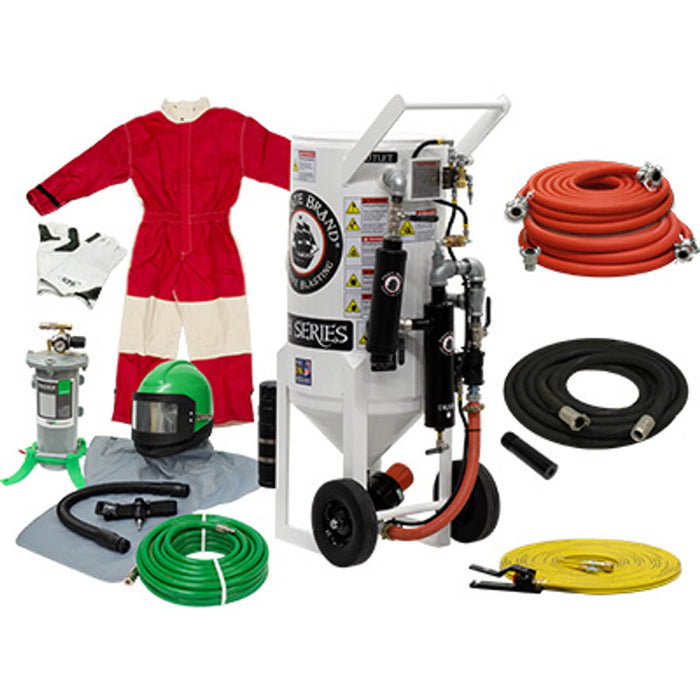 3.5 cu ft Portable Pneumatic Sandblast Pot – Gold Sandblasting Package, Pressure Hold System with APV Urethane Sleeve & Auto Air Valve, 1″ Piping with Moisture Separator & 55′ Twin-Line Control Hose