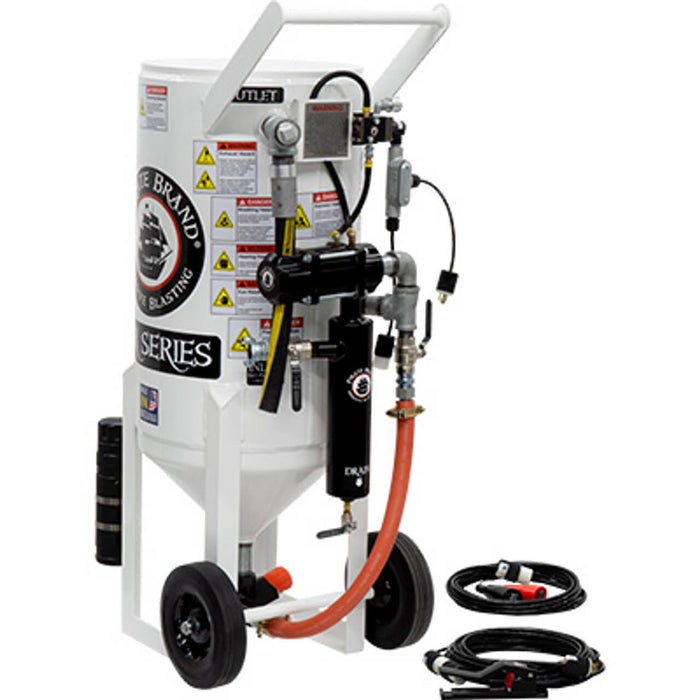 3.5 cu ft Portable Electric 12VDC Sandblast Pot – Pressure Release System with MPV/Combination Valves, 1″ Piping with Moisture Separator, 55′ Control Cord & 25′ Power Cord