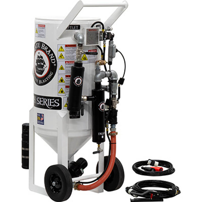 3.5 cu ft Portable Electric 12 VDC Sandblast Pot – Pressure Hold System with APV II Tungsten Carbide Sleeve & Auto Air Valve, 1″ Piping with Moisture Separator, 55′ Control Cord with Handle & 25′ Power Cord