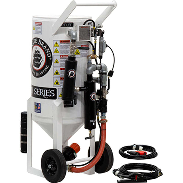6.5 cu ft Portable Electric 12VDC Sandblast Pot – Pressure Hold System with APV II Valve (Tungsten Carbide Sleeve) & Auto Air Valve, 1-1/2″ Piping with Big Gun Moisture Separator