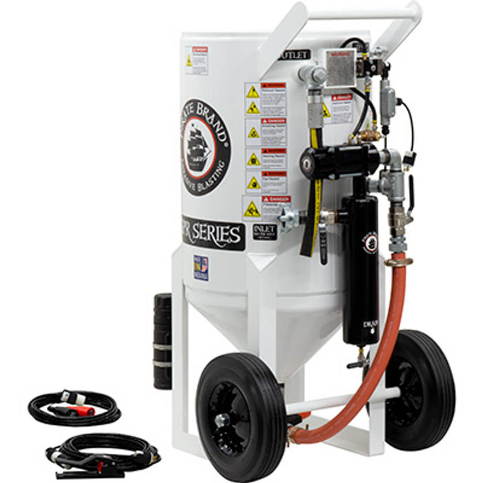 6.5 cu ft Portable Electric 12VDC Sandblast Pot – Pressure Release System with MPV/Combination Valves, 1-1/4″ Piping with Moisture Separator, 55′ Control Cord & 25′ Power Cord