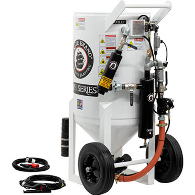 6.5 cu ft Portable Electric 12VDC Sandblast Pot – Pressure Hold System with APV II Valve (Tungsten Carbide Sleeve) & Auto Air Valve, 1-1/4″ Piping with Moisture Separator, Includes 55′ Control Cord & 25′ Power Cord