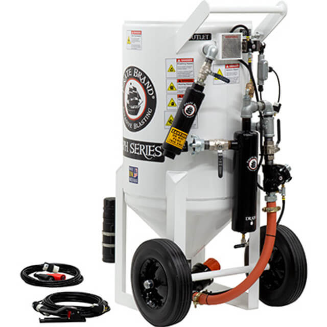 6.5 cu ft Portable Electric 12VDC Sandblast Pot – Pressure Hold System with APV Valve (Urethane Sleeve) & Auto Air Valve, 1-1/4″ Piping with Moisture Separator, Includes 55′ Control Cord & 25′ Power Cord