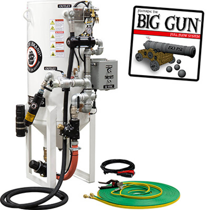 8.0 cu ft Stationary Dual-Chamber Pneumatic Sandblast Pot – Single Outlet with Hose-Mounted Abrasive Cut-Off for Industrial Sandblasting
