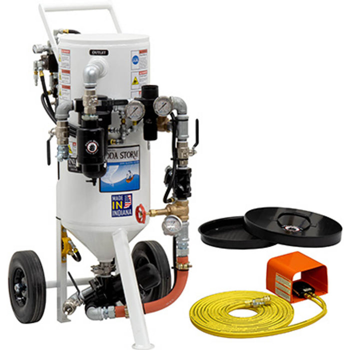1.5 cu ft Cabinet Series Soda Storm Pneumatic Blast Pot – APV II Metering Valve, 1″ Piping with Moisture Separator