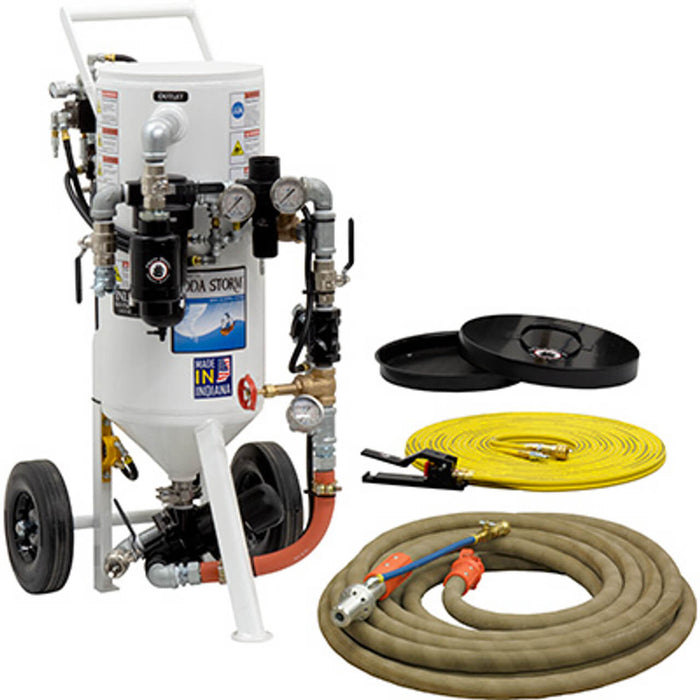 1.5 cu ft Portable Soda Storm Pneumatic Blast Pot – APV II Metering Valve, 1″ Piping with Moisture Separator & Water Induction Nozzle System