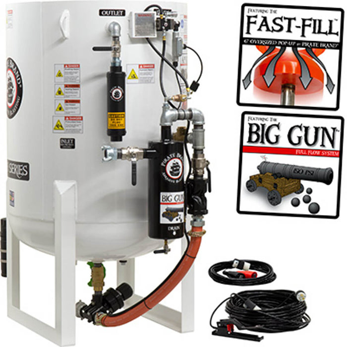 20.0 cu ft Stationary Electric Blast Pot – Single Outlet Pressure Hold System with APV II Valve & Tungsten Carbide Sleeve, 1-1/2″ Piping w/ Big Gun Moisture Separator