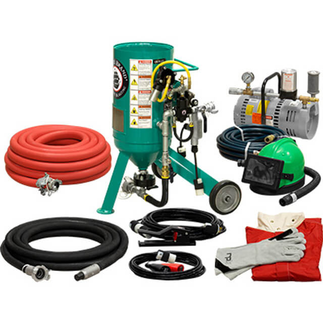 Portable 0.5 cu ft Electric Blast Pot – 12 VDC System with AMV Jr Valve, ½″ Inlet/Outlet, ½″ Piping, Gold Low-Pressure Package