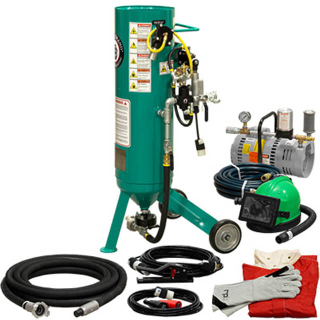 Portable 1.0 cu ft Electric Blast Pot – 12 VDC System with AMV Jr ½″ Valves & ½″ Piping, Silver Low-Pressure Sandblasting Package