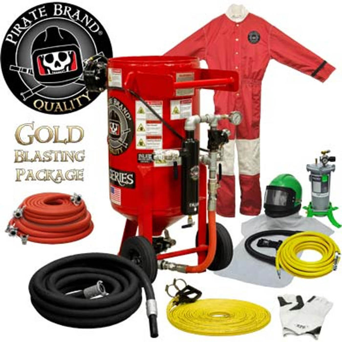 Portable 3.5 cu ft E-Series Pneumatic Blast Pot – Manual Pinch Valve with X-TREME DUTY™ Metering Tube, 1" Piping with Moisture Separator, Gold Sandblasting Package