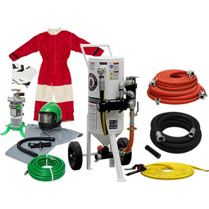 Portable 1.5 cu ft Pneumatic Blast Pot – Pressure Release System, Gold Sandblasting Package Kit with Complete Hose Assembly & Accessories