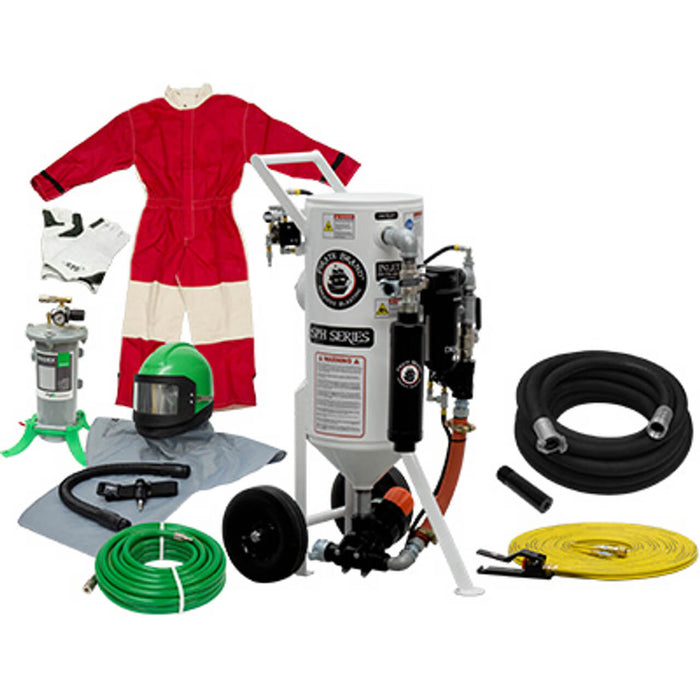 Portable 1.5 cu ft Pneumatic Blast Pot – Pressure Hold System, Silver Sandblasting Package Kit with Hose Assembly & Accessories