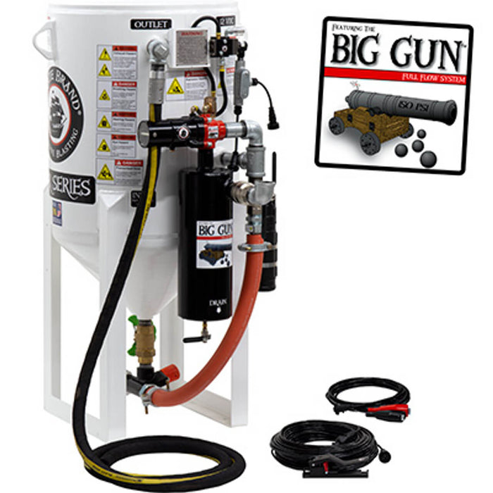 6.5 cu ft Stationary Electric 12 VDC Blast Pot – Pressure Release System with MPV/Combination Valves & Union End Ball Valve, 1-1/2″ Piping with Big Gun Moisture Separator