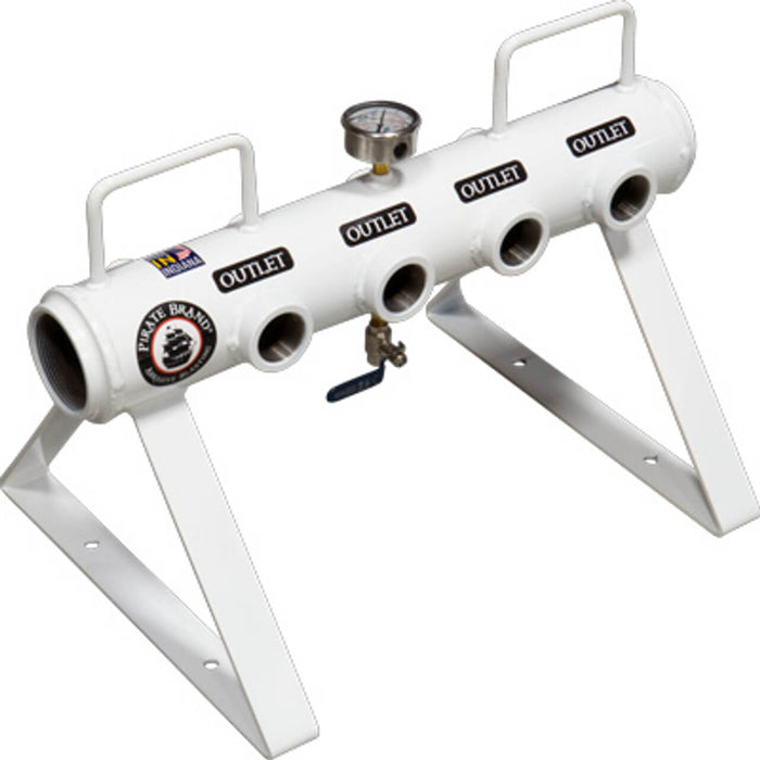 Stationary Horizontal Air Manifold – 3″ NPT Inlet/Outlet, (4) 1″ NPT & (4) 1-1/2″ NPT Outlets, 150 PSI Max with Pressure Gauge, Drain & Powder-Coated Finish