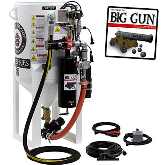 6.5 cu ft Stationary Electric 12 VDC Blast Pot – Pressure Release System with APV II (Tungsten Carbide Sleeve & Combination Valve), 1-1/2″ Piping with Big Gun Moisture Separator