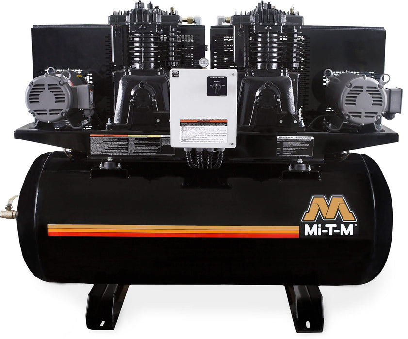 Mi-T-M Two-Stage Duplex Horizontal Air Compressor – 5 HP, 120-Gallon, 175 PSI, 1-Phase, 230V