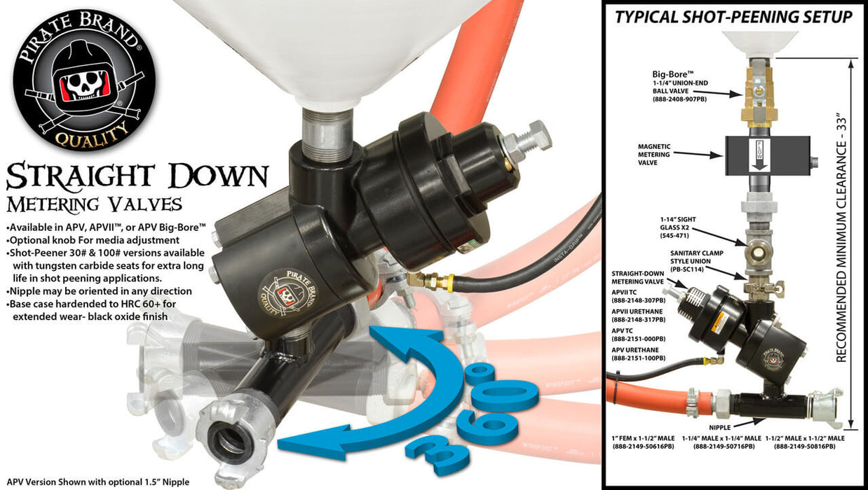 APV Big-Bore™ Shot Peener 100# Straight-Down Metering Valve – Tungsten Carbide Sleeve & Seat