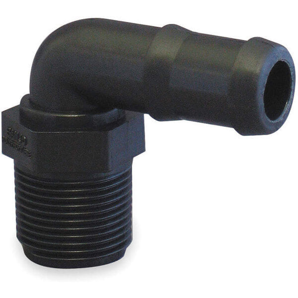 HB-038-90 Poly 90° Hose Barb Fitting – 3/8" Pipe x 3/8" Barb